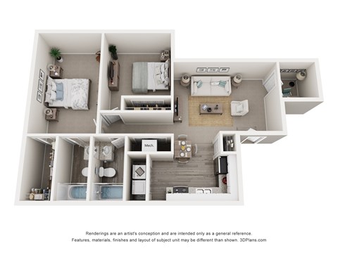 A 3D floor plan of a house with a kitchen, living room, and two bedrooms.